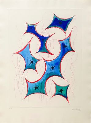 une image représentant un dessin d'une étoile bleue et rouge