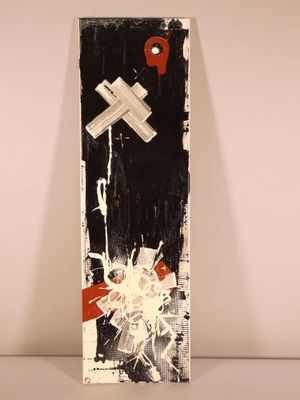 a black and white painting with a red and white cross on it