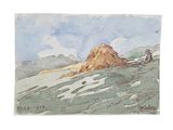 a watercolor painting of a man sitting on a hill