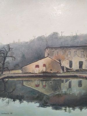 a painting of a house by a body of water