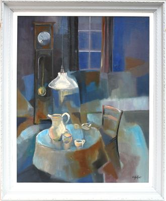 un tableau représentant une table sur laquelle sont posés une théière et des tasses