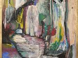 une peinture à l'huile représentant une personne marchant dans la rue avec un parapluie