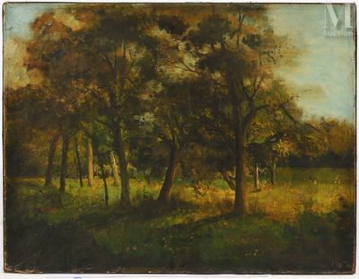 une peinture à l'huile représentant des arbres dans un champ, avec le ciel en arrière-plan