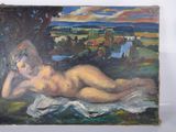 une peinture à l'huile représentant une femme nue allongée sur une couverture
