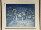 un tableau représentant une licorne debout dans la neige