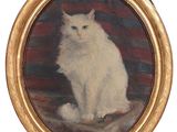 tableau représentant un chat blanc dans un cadre doré, sur un fond rouge et bleu