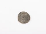 a close up of a coin on a white surface with a white background