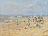 tableau représentant des enfants jouant sur la plage au bord de l'océan