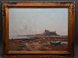 tableau représentant un paysage avec un château au loin et un bateau au premier plan