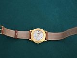 an image of a watch with a brown leather strap on a green surface
