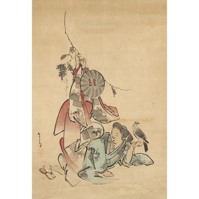 an old painting of a man riding a horse with a bird on his back