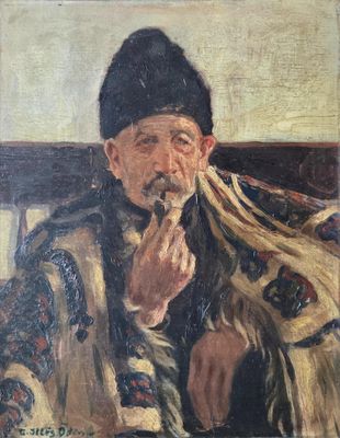 an oil painting of a man smoking a pipe in a chair