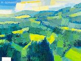 un tableau représentant un champ vert parsemé de fleurs jaunes