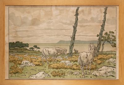 a picture of a painting of two horses in a field