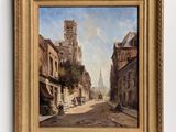 painting of a street scene with a church steeple in the background