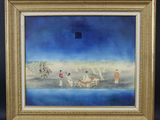 un tableau représentant un groupe de personnes dans un bateau sur un plan d'eau