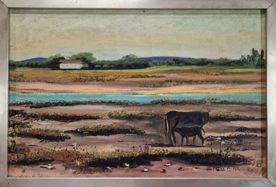 a picture of a painting of a cow and a cow in a field