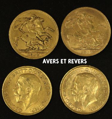 four different types of gold coins on a black background