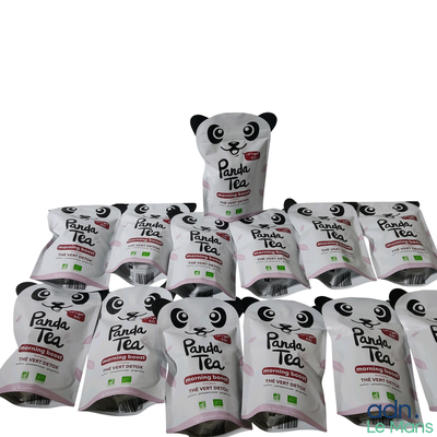 une pile de sachets de thé en forme de panda empilés les uns sur les autres