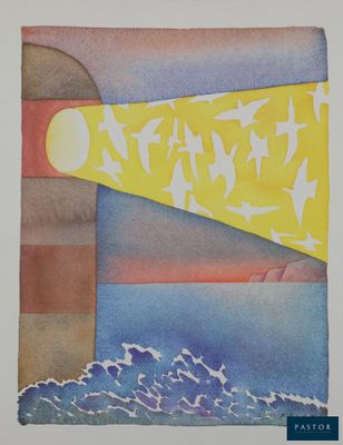 une aquarelle représentant un phare survolé par des oiseaux