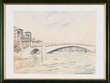 painting of a bridge over a body of water with buildings in the background