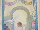 a painting on the wall of a building with a woman and a dove