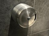 a toilet with a roll of toilet paper on the wall