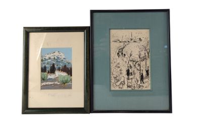 two framed pictures of a couple of animals standing next to each other