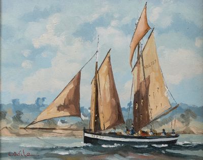 a painting of a sailboat sailing on the water