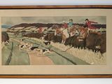 tableau représentant un groupe d'hommes à cheval et des chiens dans un champ