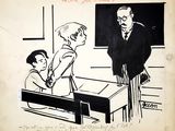 drawing of a man and a woman sitting at a desk in front of a chalkboard