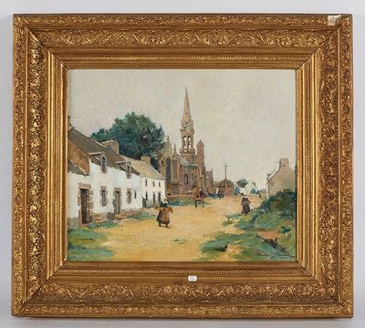 une image représentant une peinture d'une rue de village avec une église en arrière-plan