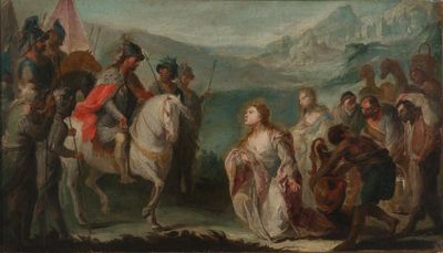 tableau représentant un tableau où l'on voit un homme à cheval, conduit par un groupe de personnes