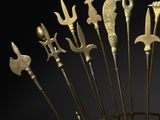 an image of a group of metal swords on a stand
