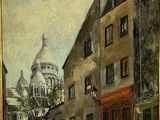 tableau représentant une scène de rue à Paris avec une église en arrière-plan
