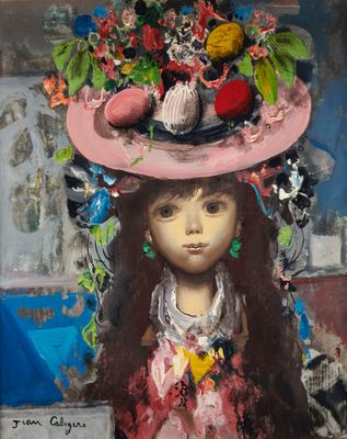 un tableau représentant une petite fille avec un chapeau sur la tête