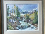 un tableau représentant un ruisseau de montagne qui traverse une forêt peuplée d'arbres