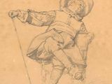 an old drawing of a man with a cane and a hat