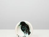 un oiseau noir perché sur une assiette blanche