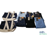 a lot of jeans and a tote bag on a white background