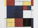 un dessin représentant un carré composé de carrés rouges, jaunes, bleus et noirs