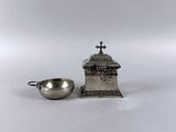 silver plated sugar bowl and sugar shaker with a cross on top