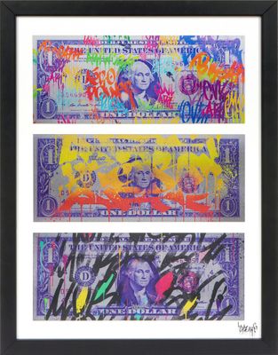 a picture of two different colored bills with graffiti on them