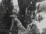 black and white photograph of a woman leaning on a fence