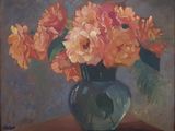 a painting of flowers in a blue vase on a table