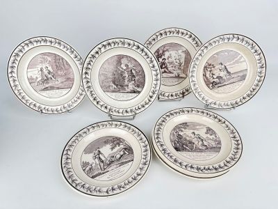 six plates with black and white images of people and animals on them