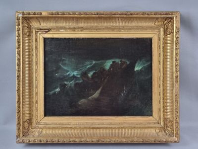 an oil painting of a boat in a stormy sea