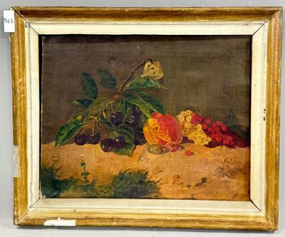 tableau représentant une nature morte composée de fruits et de fleurs, dans un cadre doré