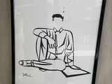 a black and white drawing of a man sitting in a chair