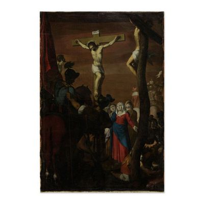 un tableau représentant un homme sur la croix, entouré de personnes